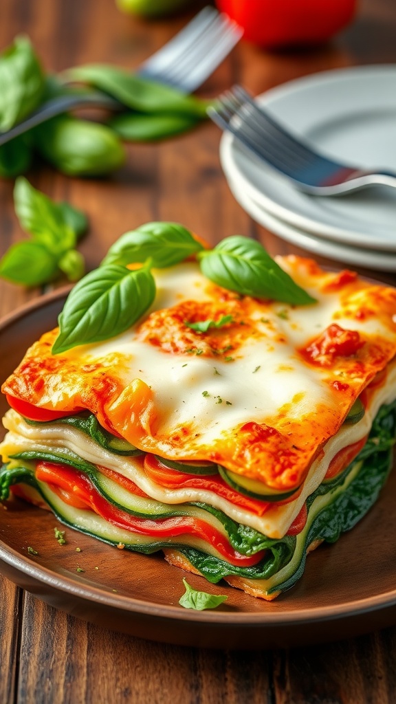 A slice of vegetable lasagna with zucchini, bell peppers, and cheese on a rustic table.